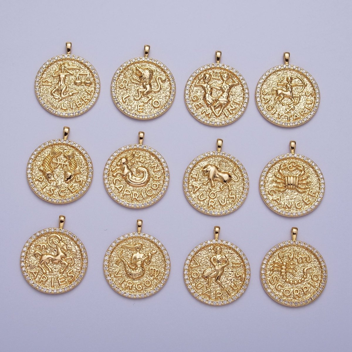 16K Gold Filled Zodiac Sign Astrology Personalized Birthday Micro Paved CZ Charms Pendants Medallion A-1106~A-1117 - DLUXCA