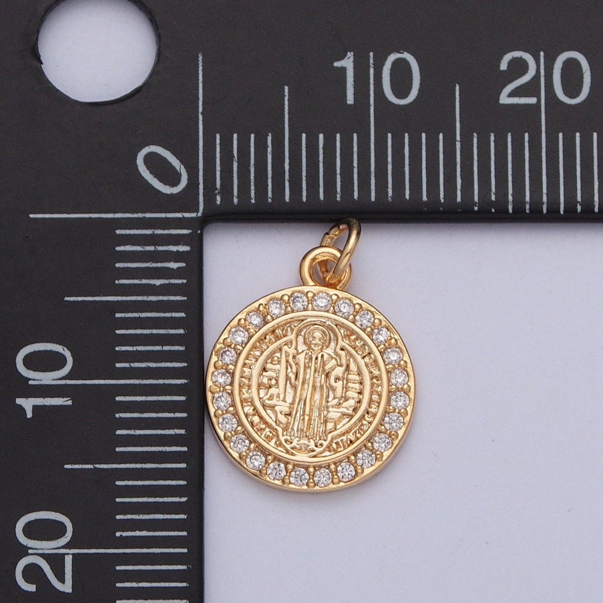 16K Gold Plated Micro Pave Cubic Zirconia St Benedict Medallion Religious Round Charm | X-206 - DLUXCA