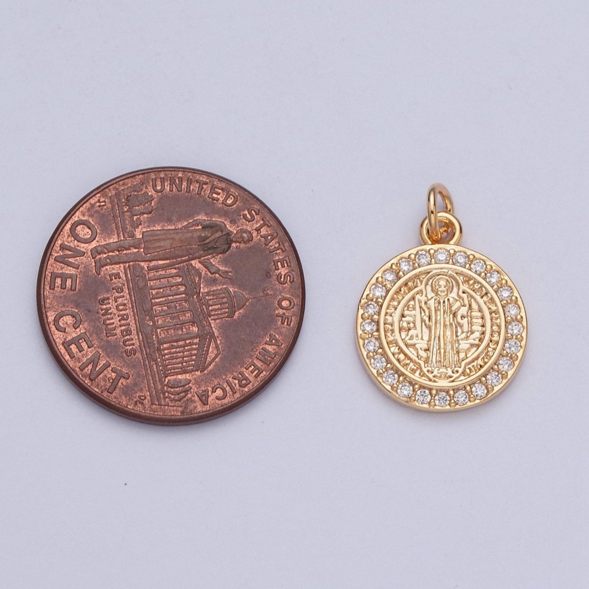 16K Gold Plated Micro Pave Cubic Zirconia St Benedict Medallion Religious Round Charm | X-206 - DLUXCA