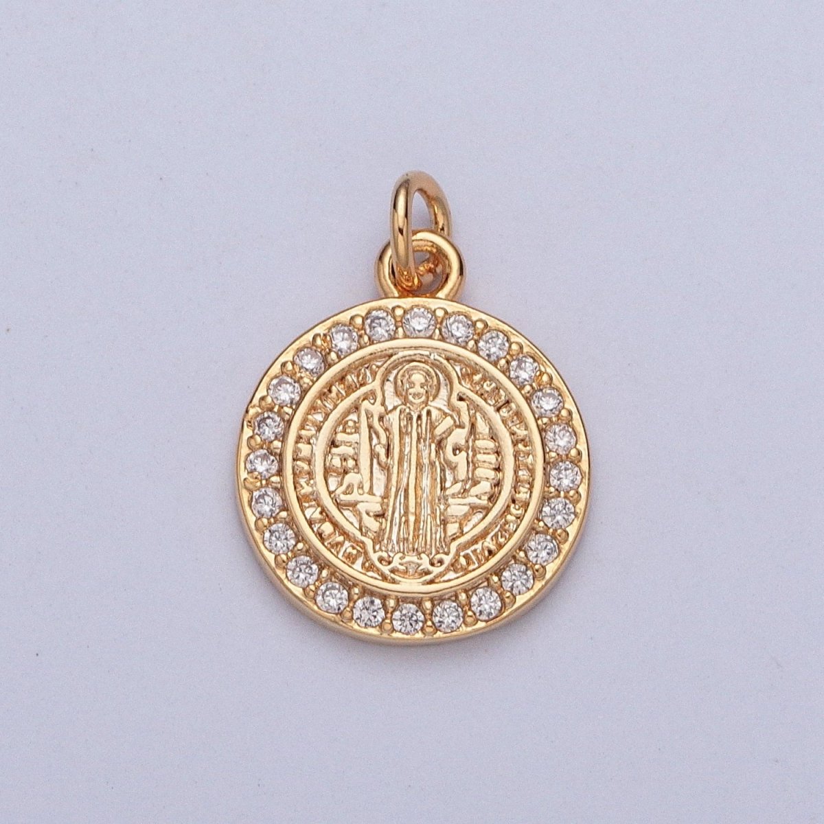 16K Gold Plated Micro Pave Cubic Zirconia St Benedict Medallion Religious Round Charm | X-206 - DLUXCA