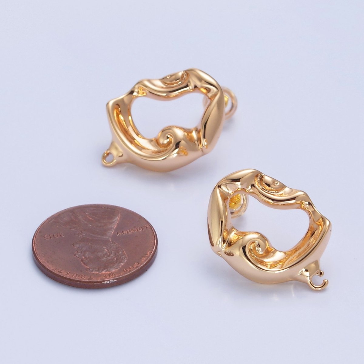 16K Gold Rustic Geometric Hammered Oval Stud Earrings with Open Link Loop, Jewelry Supply Component For Earrings Making, L-809 - DLUXCA