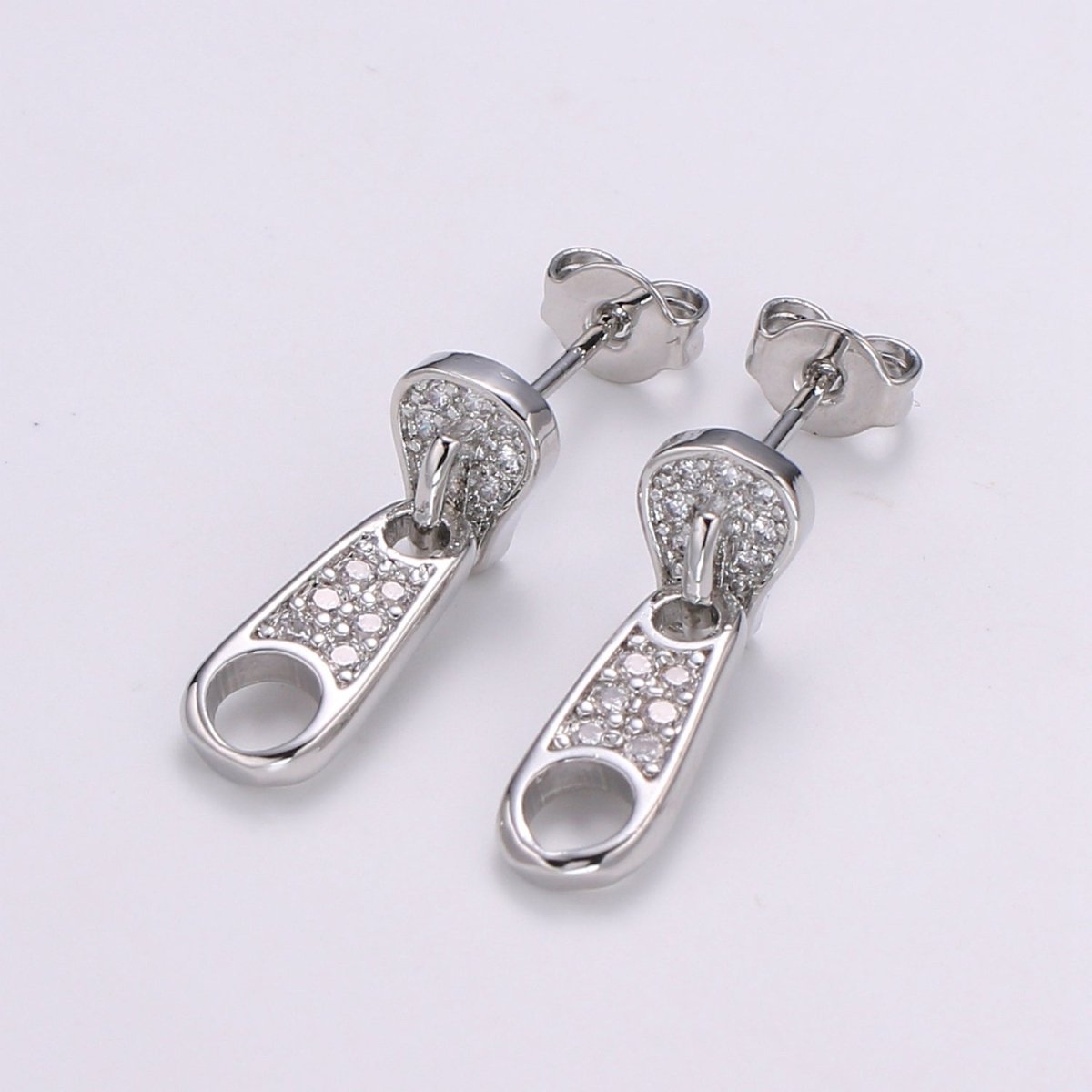 16K Gold/Silver Casual Zipper Model Stud Earrings, CZ Tiny Fashion Object Model Micro Pave Earring Jewelry P-053 P-054 - DLUXCA