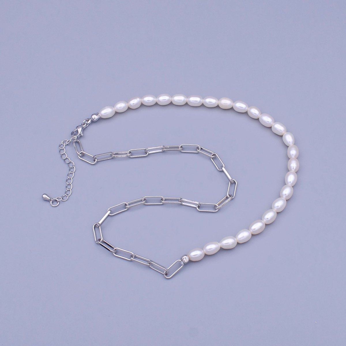 17 Inch Half Paperclip Chain, Half 5.3mm Freshwater Pearl Necklace | WA-1467 Clearance Pricing - DLUXCA