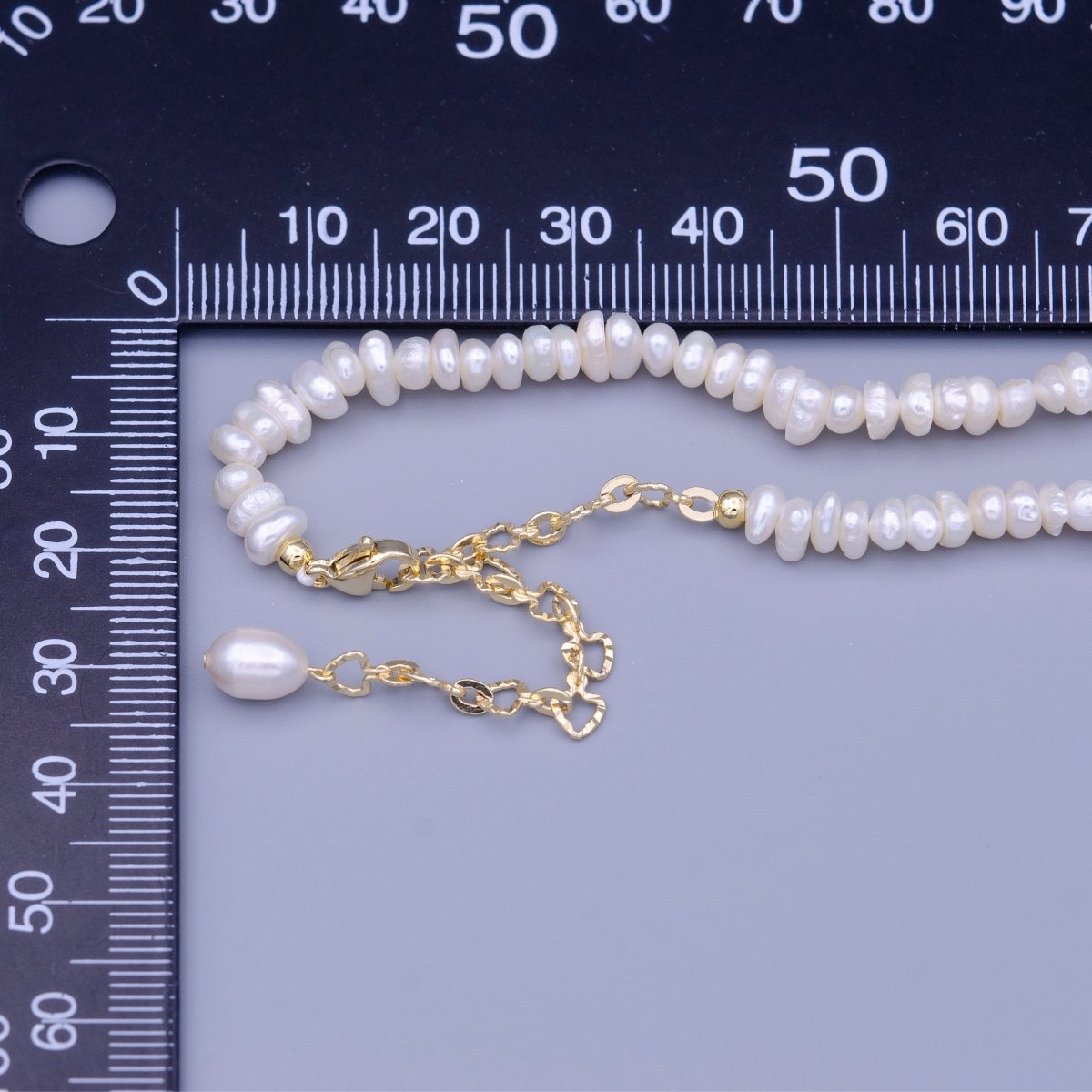 17.5 Inch Half 4.5mm Pearl Seed w. Gold Spacer Beads, Half Textured Heart Chain Necklace | WA-1450 Clearance Pricing - DLUXCA