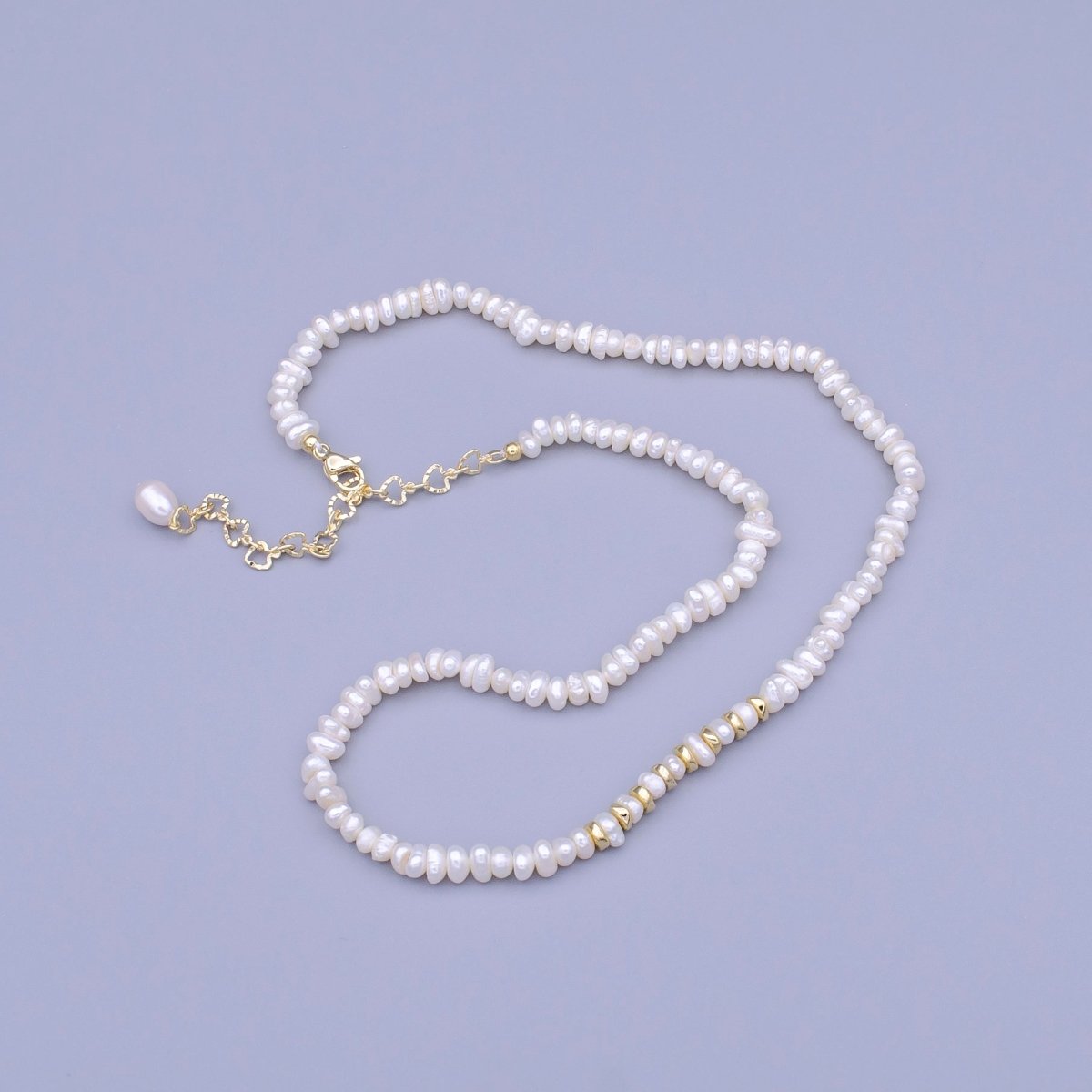 17.5 Inch Half 4.5mm Pearl Seed w. Gold Spacer Beads, Half Textured Heart Chain Necklace | WA-1450 Clearance Pricing - DLUXCA