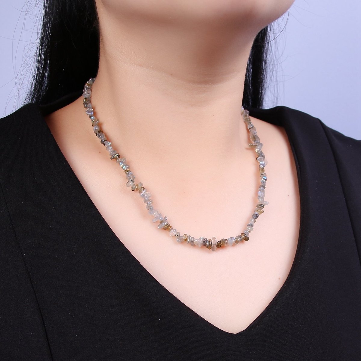 17.5 Inch Natural Dark Labradorite Crystal Chip Stone Bead Necklace with 2" Extender | WA-642 Clearance Pricing - DLUXCA