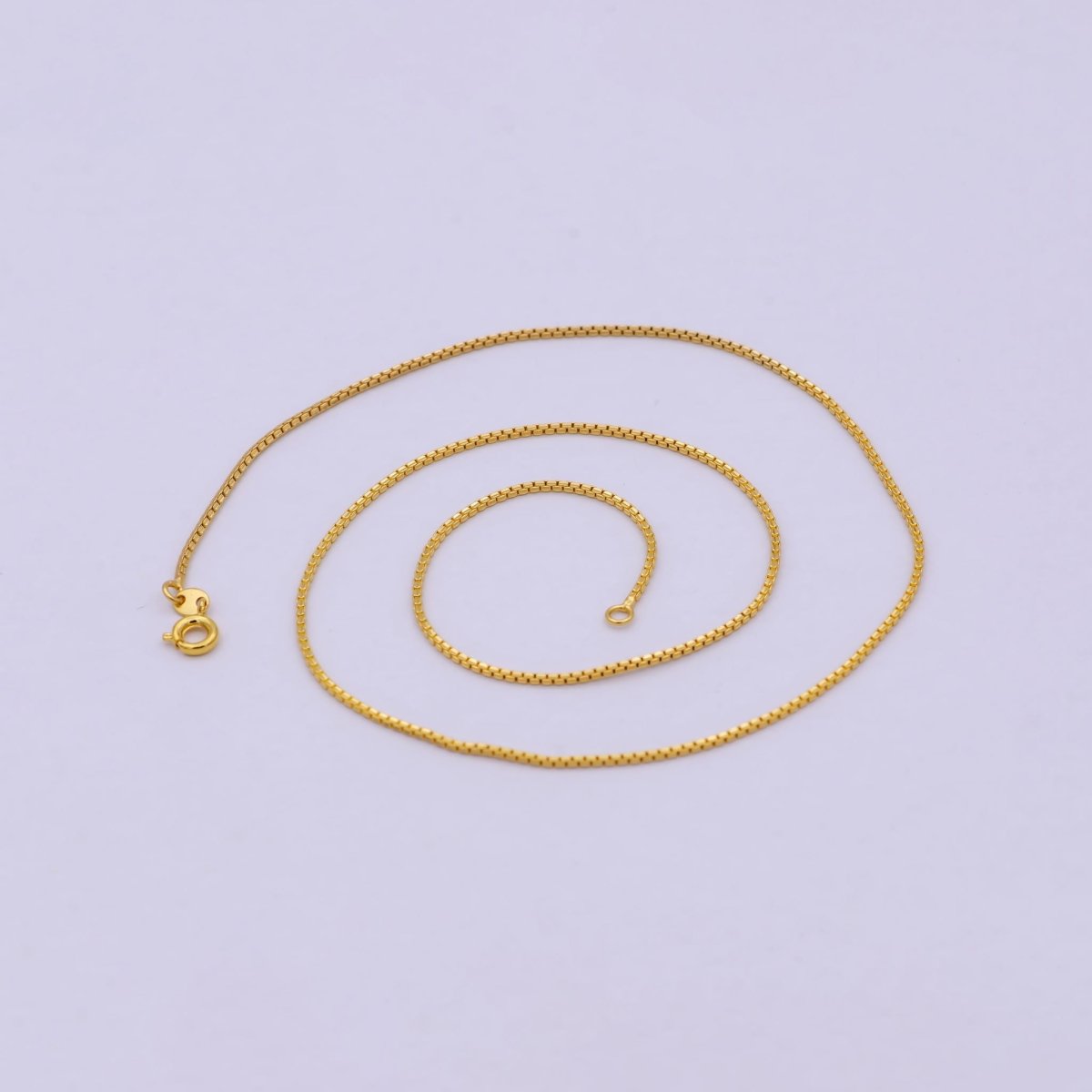 17.7 Inch Boston Box Finished Chain, Dainty 1.1mm 24K Gold Plated Box Necklace with Spring Ring | WA-624 Clearance Pricing - DLUXCA