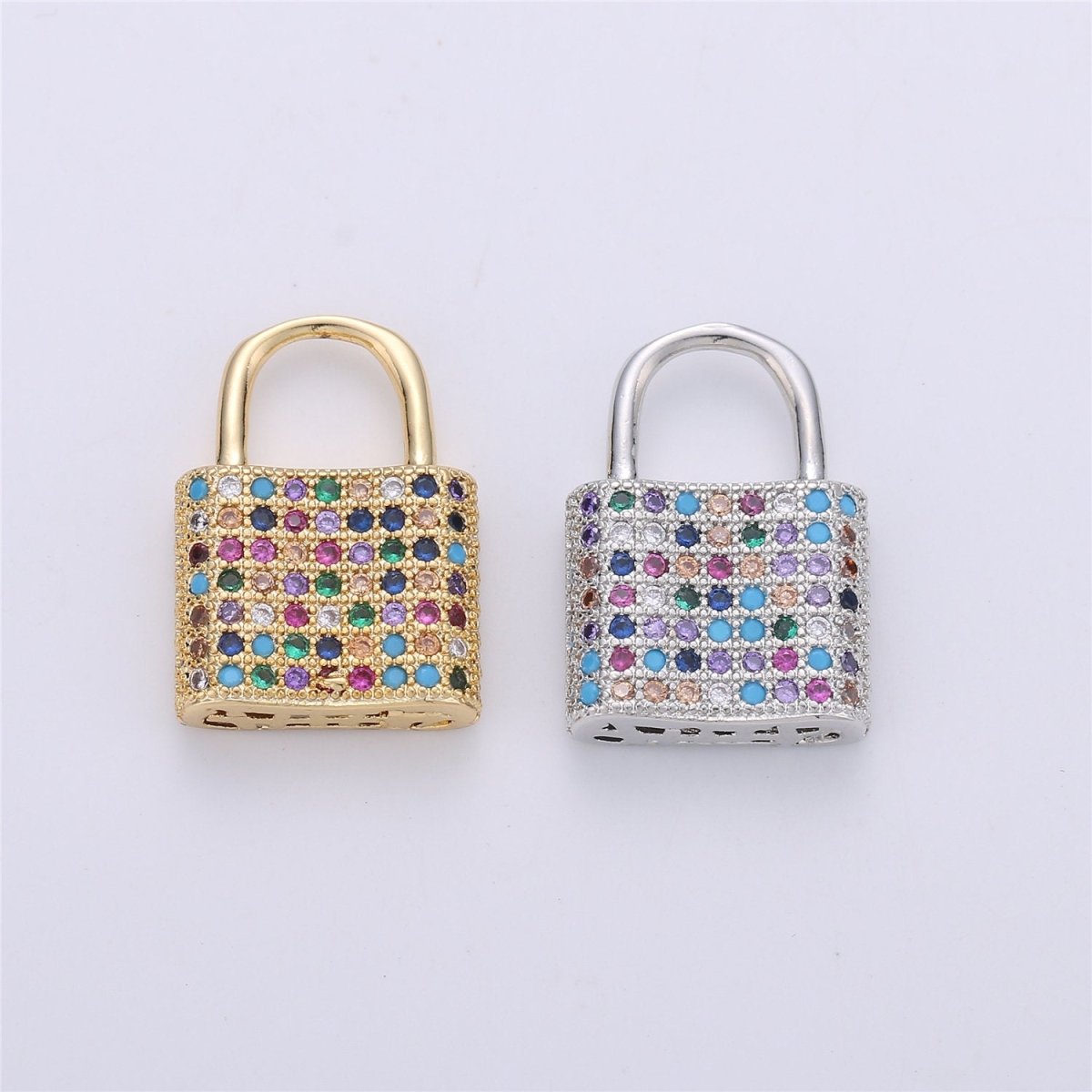 17x12mm Dainty Padlock Lock Charm 18k gold Filled Micro Pave Charm, Colorful Cubic Charm, Silver Lock, Gold Lock Charm for Necklace Earring, K-152 - DLUXCA