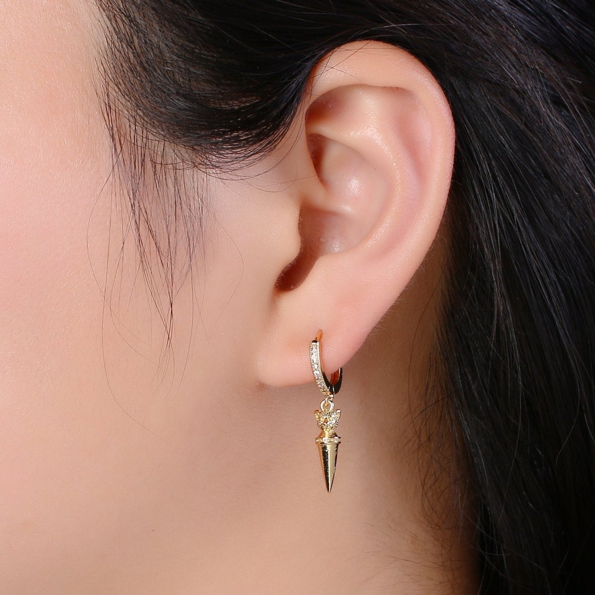 17x4 Length Hoop Gold/Silver Casual Map Pin Marker Shape Huggies Earrings, CZ Tiny Geometric Shape Micro Pave Earring Jewelry P-060 P-061 - DLUXCA