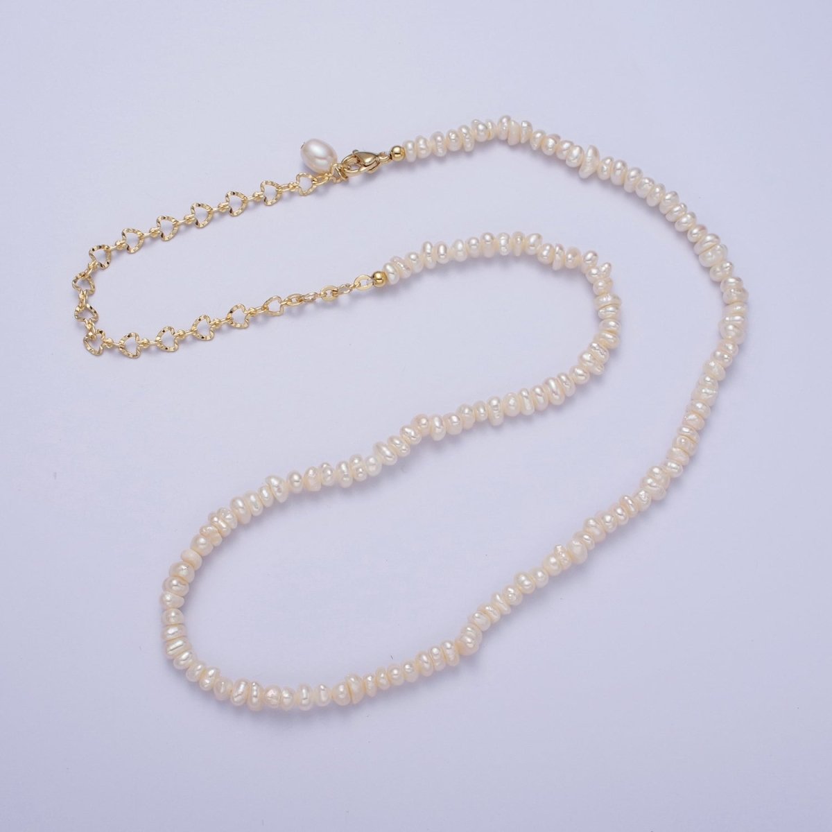 18 Inch Half 4.5mm Seed Pearl, Half Textured Heart Chain Layering Necklace | WA-1244 Clearance Pricing - DLUXCA