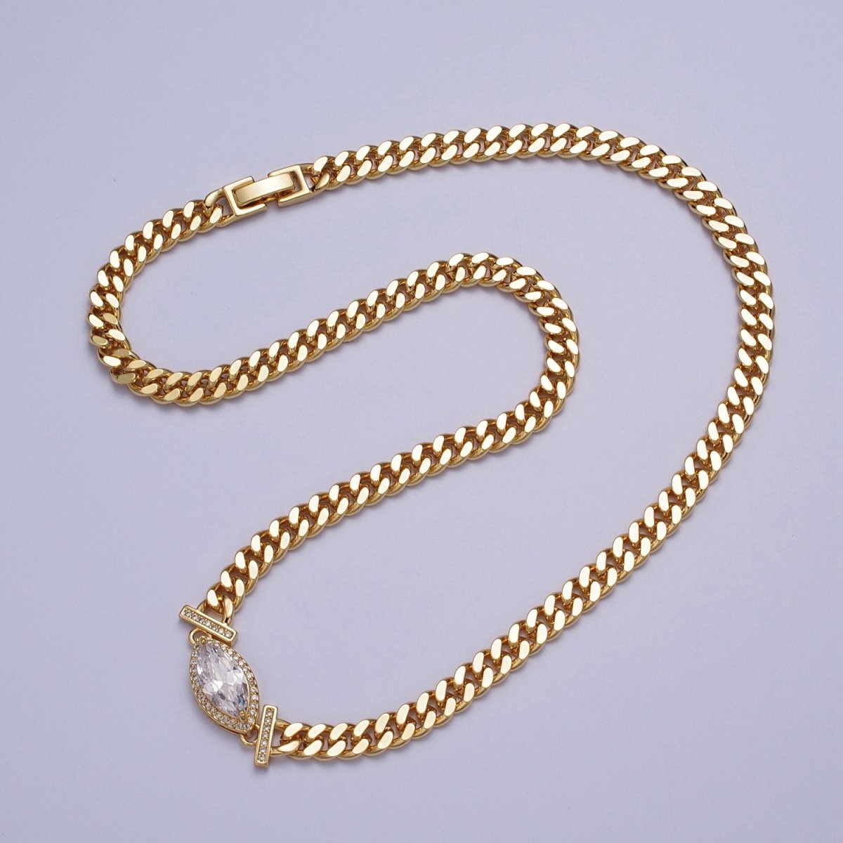 18 Inch Micro Paved Marquise CZ Flat Curb Link Chain Gold Necklace | WA-1209 - WA-1214 Clearance Pricing - DLUXCA