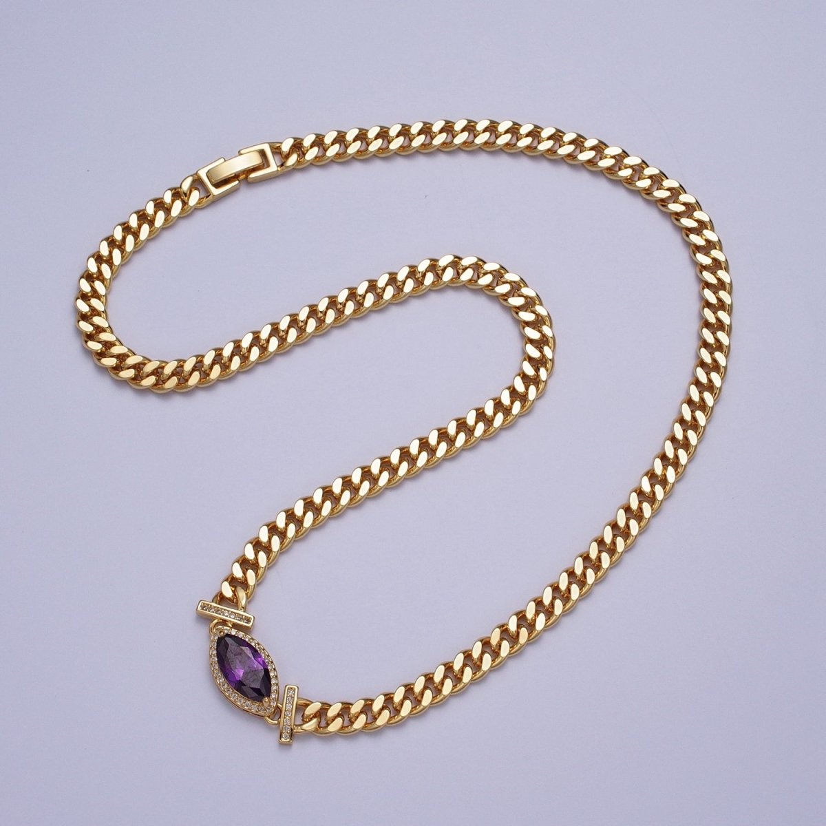 18 Inch Micro Paved Marquise CZ Flat Curb Link Chain Gold Necklace | WA-1209 - WA-1214 Clearance Pricing - DLUXCA