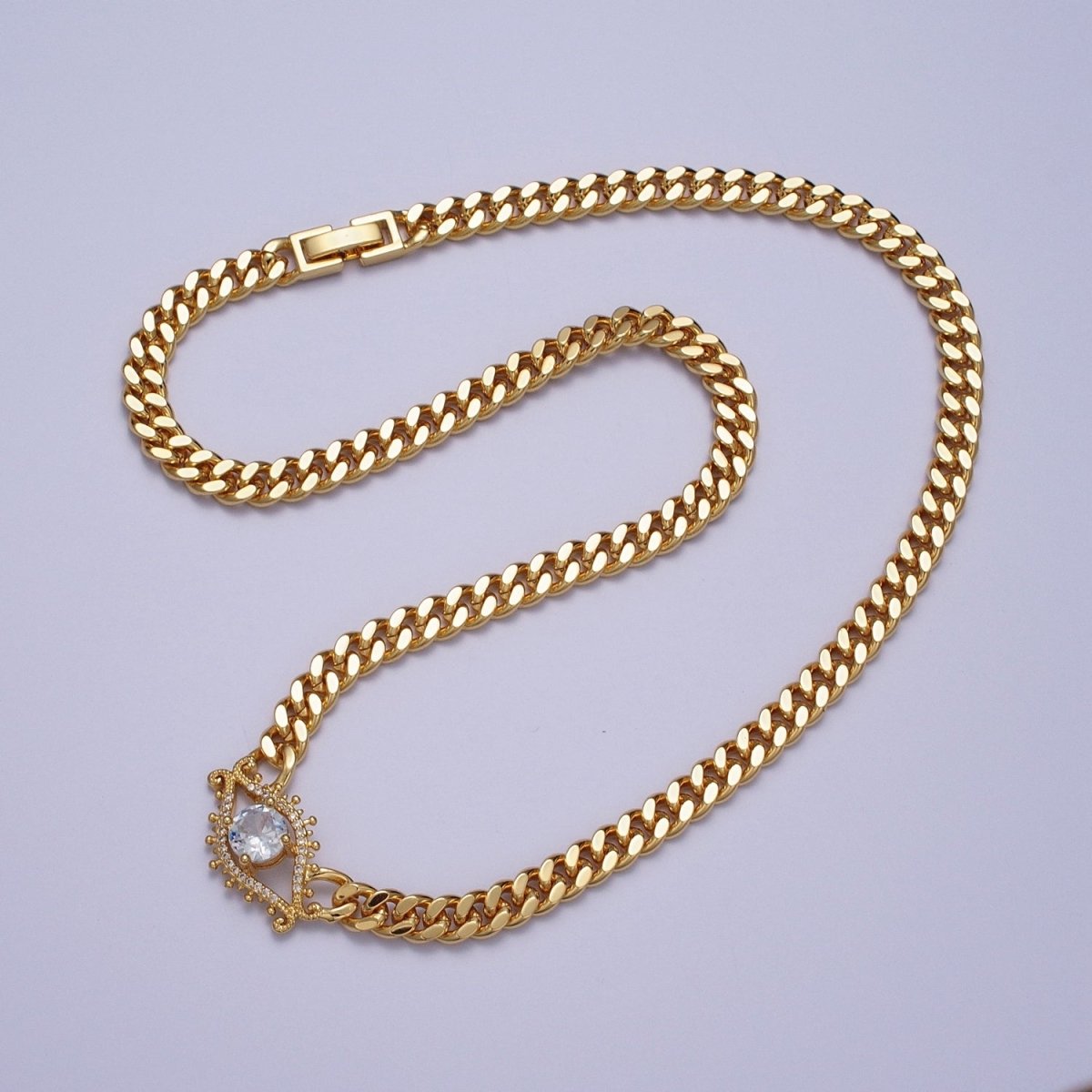 18 Inch Micro Paved Round CZ Evil Eye of Ra Flat Curb Link Chain Gold Protection Necklace | WA-1201 WA-1202 Clearance Pricing - DLUXCA