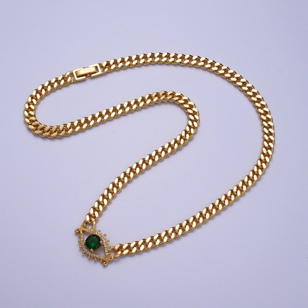 18 Inch Micro Paved Round CZ Evil Eye of Ra Flat Curb Link Chain Gold Protection Necklace | WA-1201 WA-1202 Clearance Pricing - DLUXCA