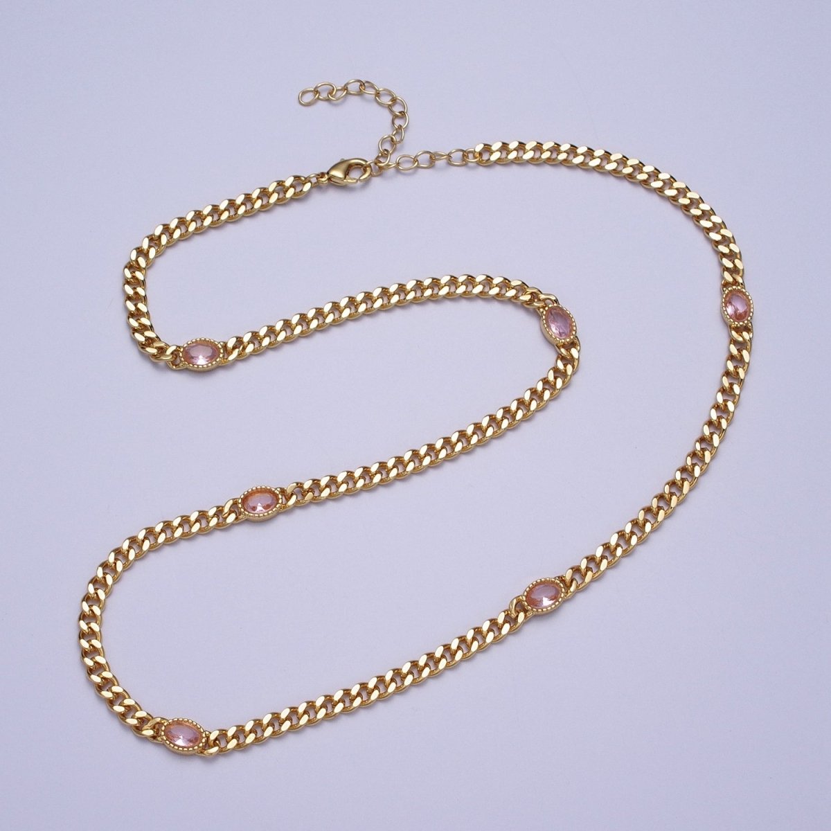18 Inch Oval CZ 4mm Gold Flat Curb Chain Necklace | WA-1203 - WA-1208 Clearance Pricing - DLUXCA