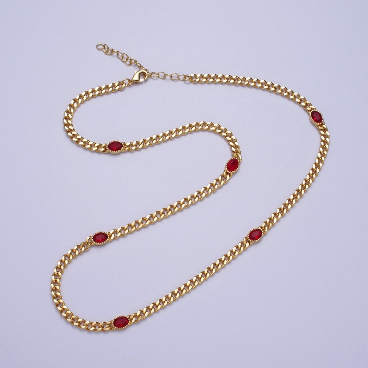 18 Inch Oval CZ 4mm Gold Flat Curb Chain Necklace | WA-1203 - WA-1208 Clearance Pricing - DLUXCA