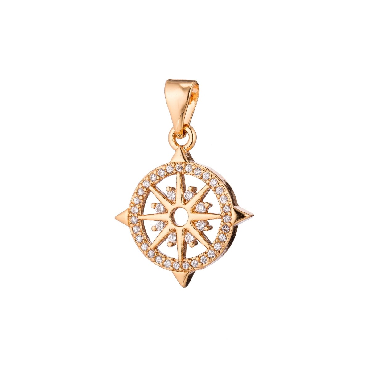 18K, 24K Gold Filled Compass, Four Directions, Travel Lover, Navigation, Cubic Zirconia Necklace PENDANT Charm Bails Findings for Jewelry Making H-906 - DLUXCA