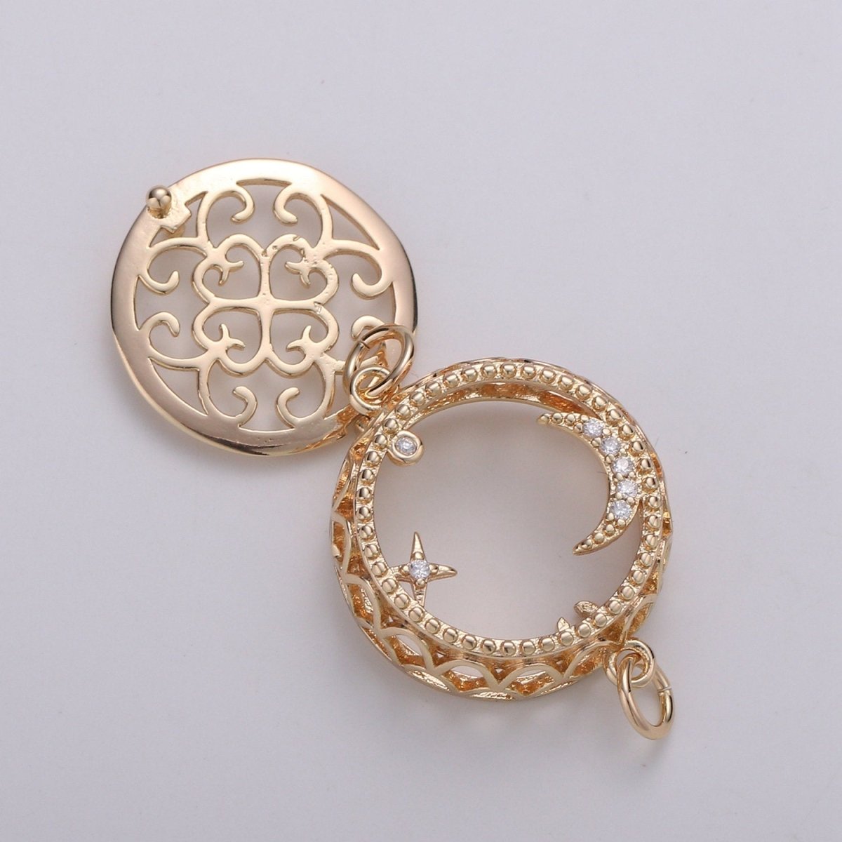 18K Filligree Essential Oil Diffuser, Cresent Moon, Star, Planet Gold Plated Micro Pave CZ Connector Micro Pave CZ Bracelet Connector F-809 - DLUXCA