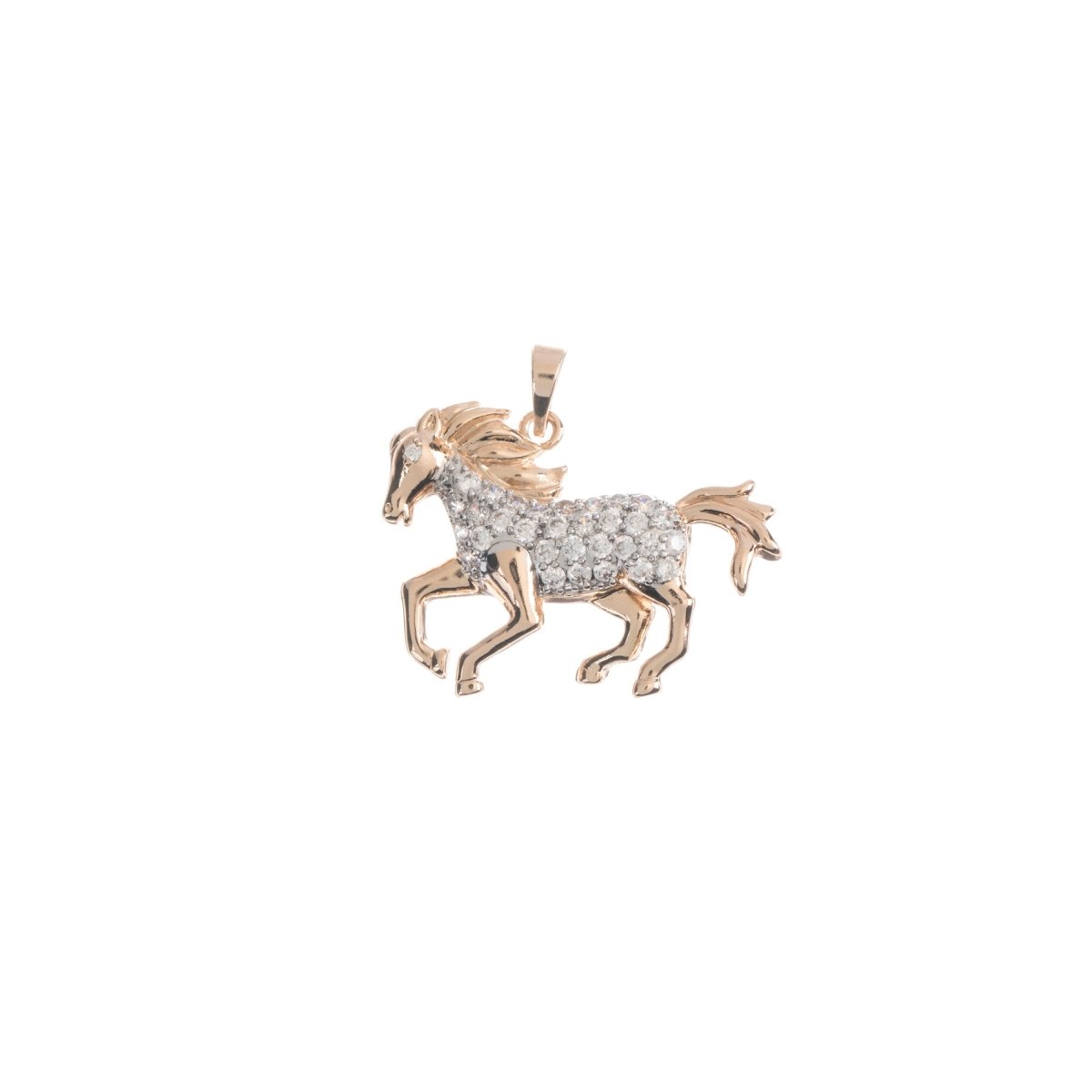 18K Gold Fill Horse Charm Pendant 3D Galloping Stallion Animal Micro Pave CZ Cubic Zircon H-749 - DLUXCA