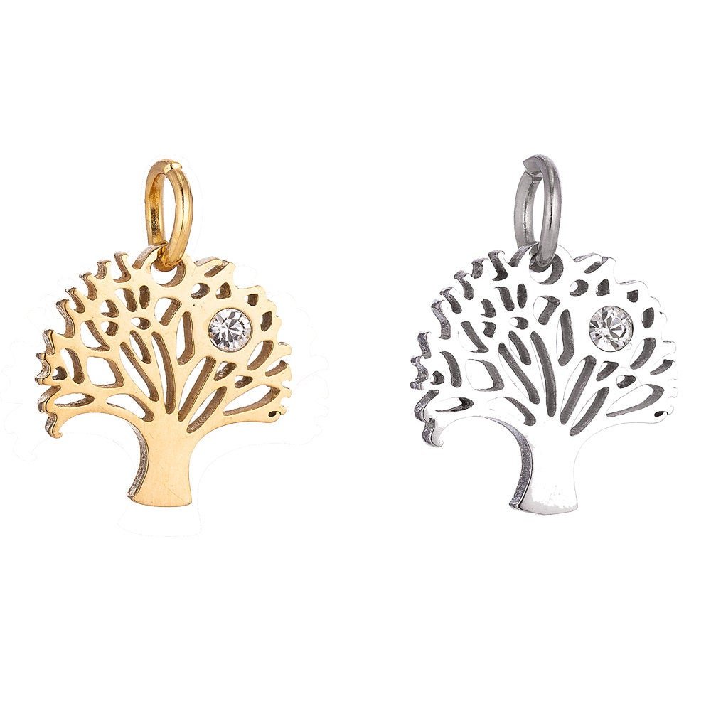 18K Gold Fill Stainless Steel Tree of Life, Gold / Silver Cubic Zirconia Bracelet Charm Necklace Pendant Findings for Jewelry Making - DLUXCA
