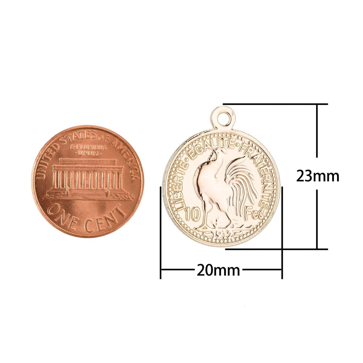 18K Gold Filled 10 Francs Marianne Rooster Gold Coin French Coin Charm Pendant for Layer Necklace Bracelet Earring Jewelry Making Supply, CHGF-105/C-89 - DLUXCA