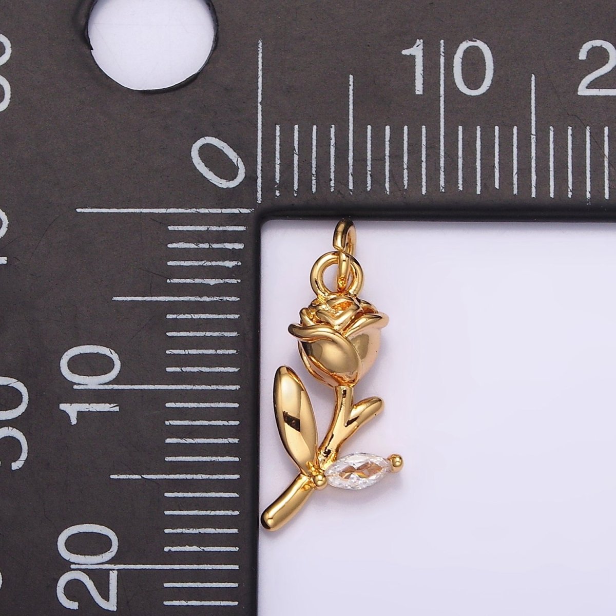 18K Gold Filled 15mm Rose Flower Clear Marquise CZ Leaf Charm | N1762 - DLUXCA
