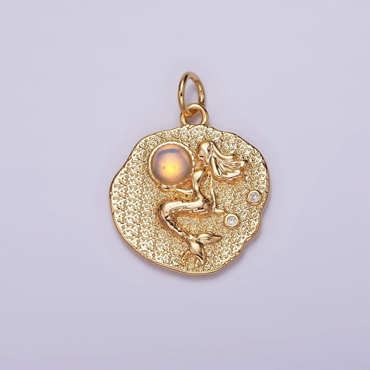 18K Gold Filled 19 mm Gemstone Mermaid Fish Stamped Round Charm | N1687 , N1753 - N1754 - DLUXCA