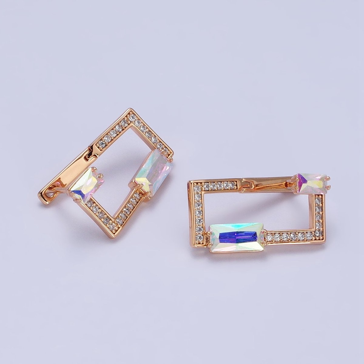 18K Gold Filled AB Iridescent Baguette Open Rectangular Clear Micro Paved CZ Geometric Earrings | AB243 - DLUXCA