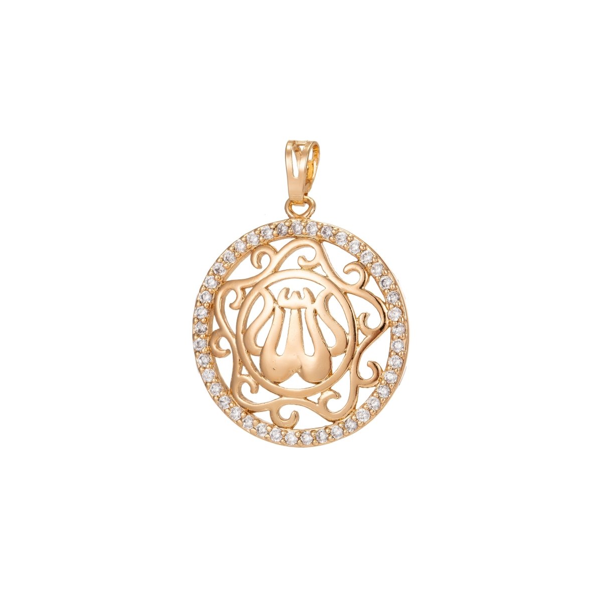 18K Gold Filled "Allah" God Muslim Calligraphy Open Micro Paved Round Pendant | I246 - DLUXCA