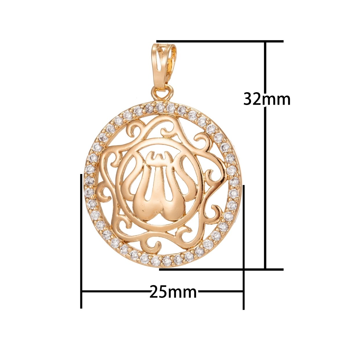18K Gold Filled "Allah" God Muslim Calligraphy Open Micro Paved Round Pendant | I246 - DLUXCA