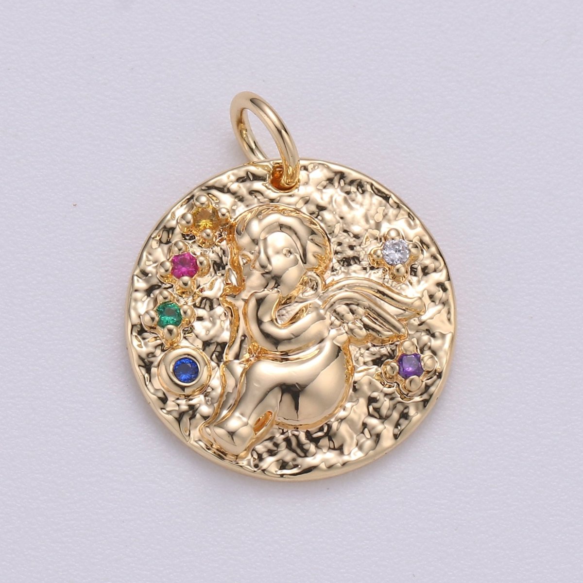 18k Gold filled Angel Charm with multi Color CZ Stone for Necklace Coin Pendant C-422 - DLUXCA