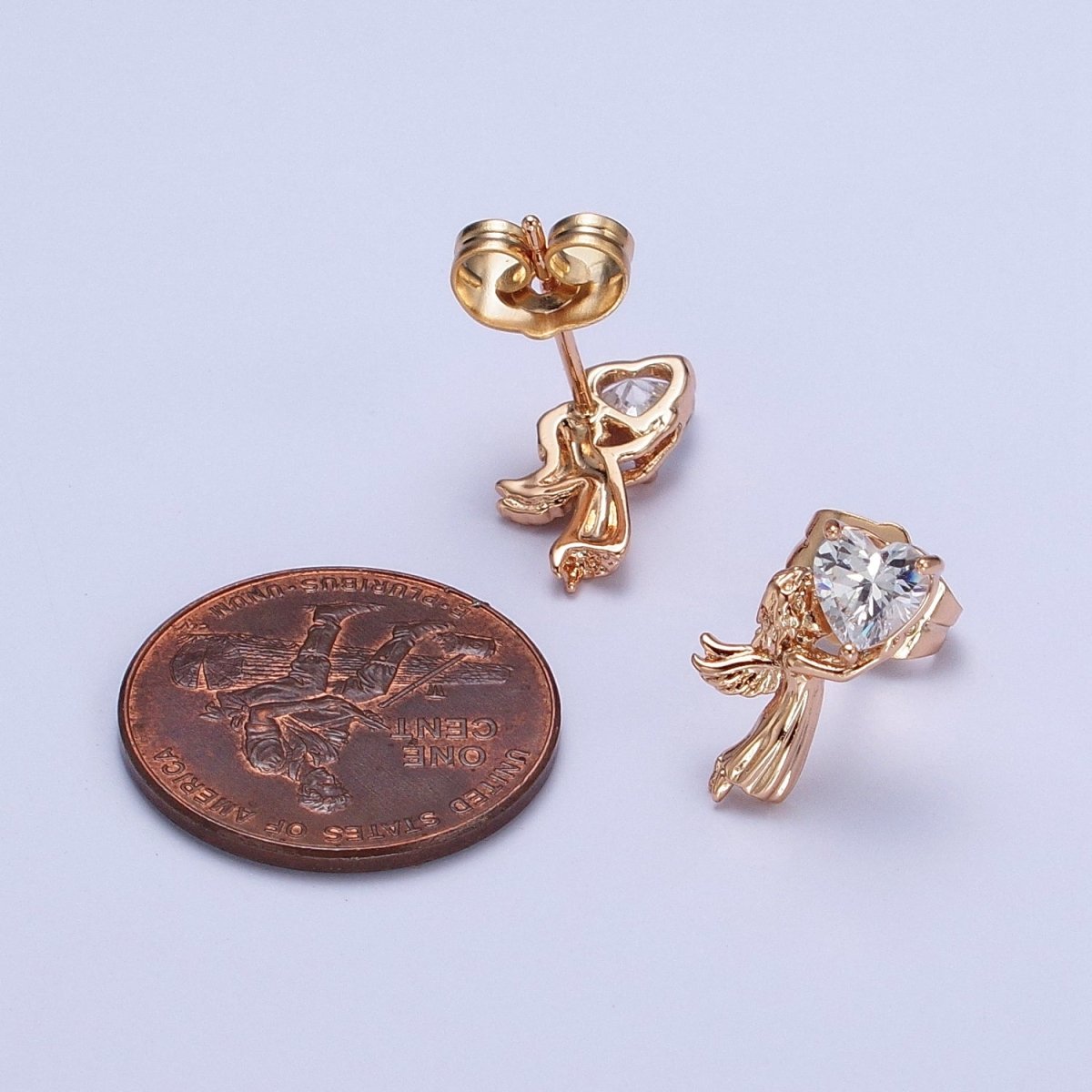 18K Gold Filled Angel Holds Clear, Pink, Heart CZ Stud Earrings | AB274 AB286 AB287 - DLUXCA