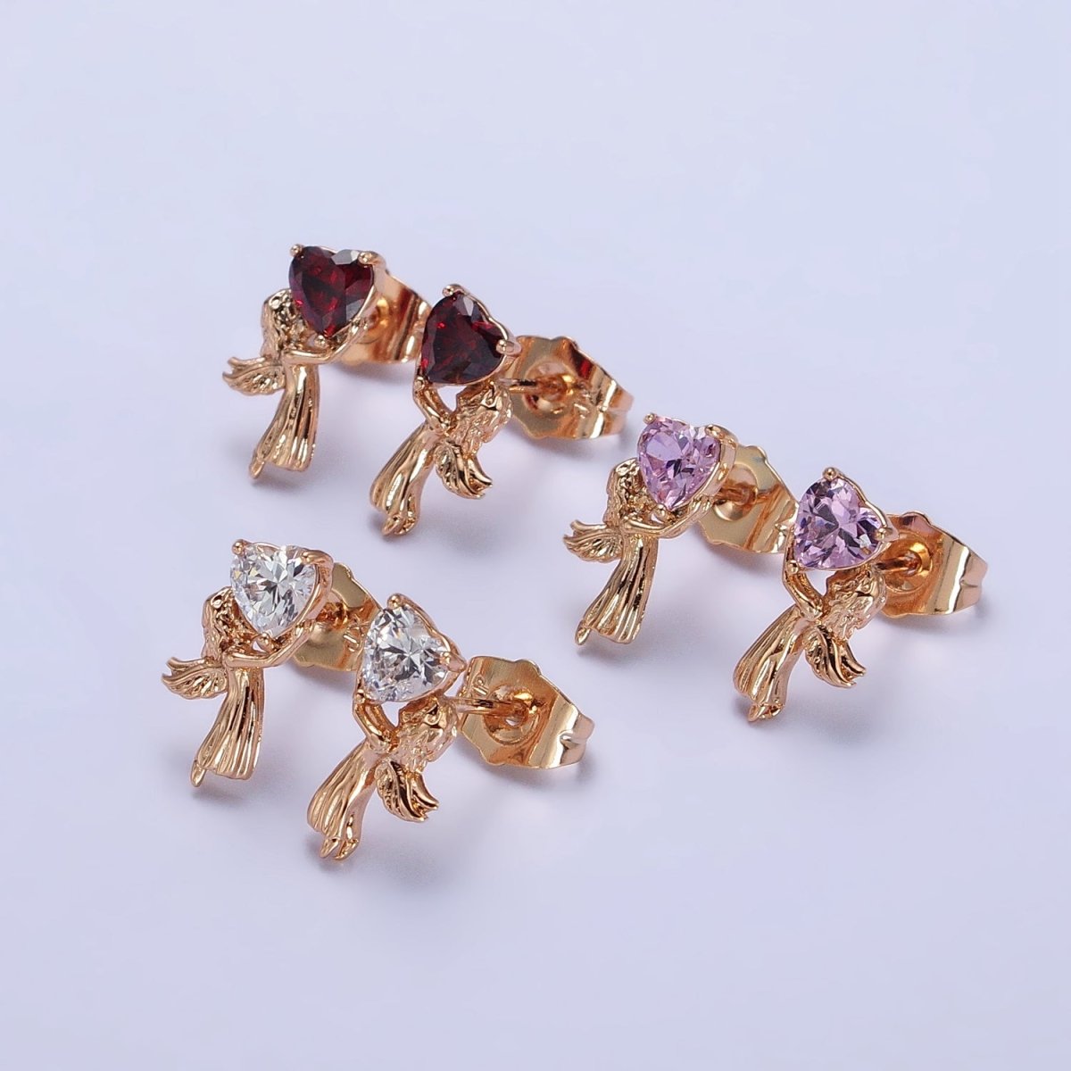 18K Gold Filled Angel Holds Clear, Pink, Heart CZ Stud Earrings | AB274 AB286 AB287 - DLUXCA