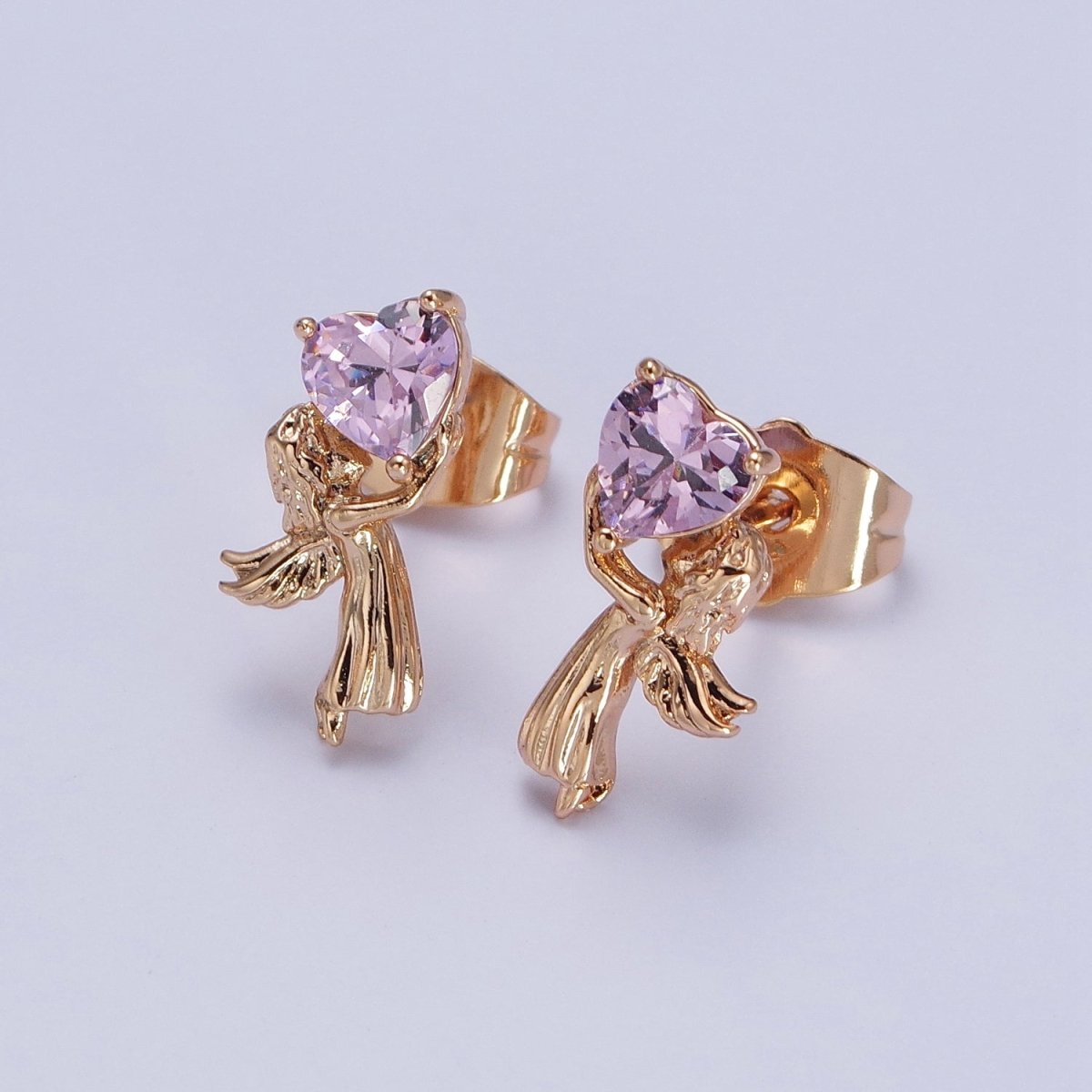 18K Gold Filled Angel Holds Clear, Pink, Heart CZ Stud Earrings | AB274 AB286 AB287 - DLUXCA