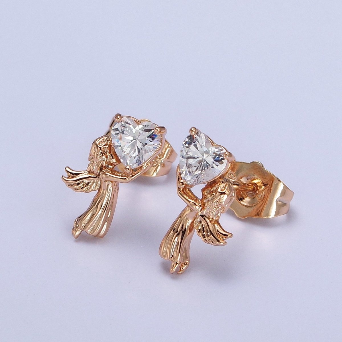 18K Gold Filled Angel Holds Clear, Pink, Heart CZ Stud Earrings | AB274 AB286 AB287 - DLUXCA