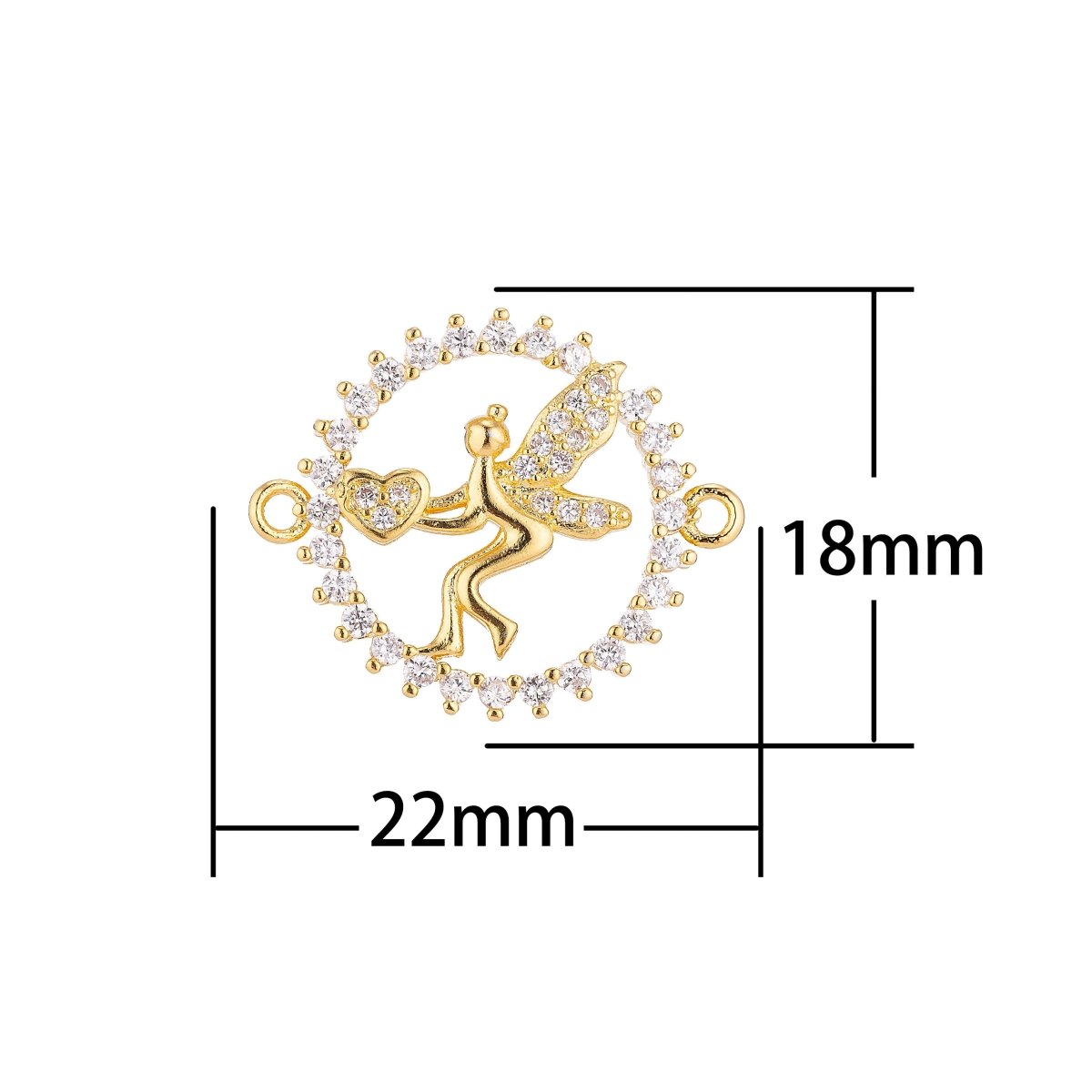 18K Gold Filled Artistic Modish Fairy With Heart On Wreath Cubic Zirconia Bracelet Charm Bead Finding Connector For Jewelry Making, F-024 - DLUXCA
