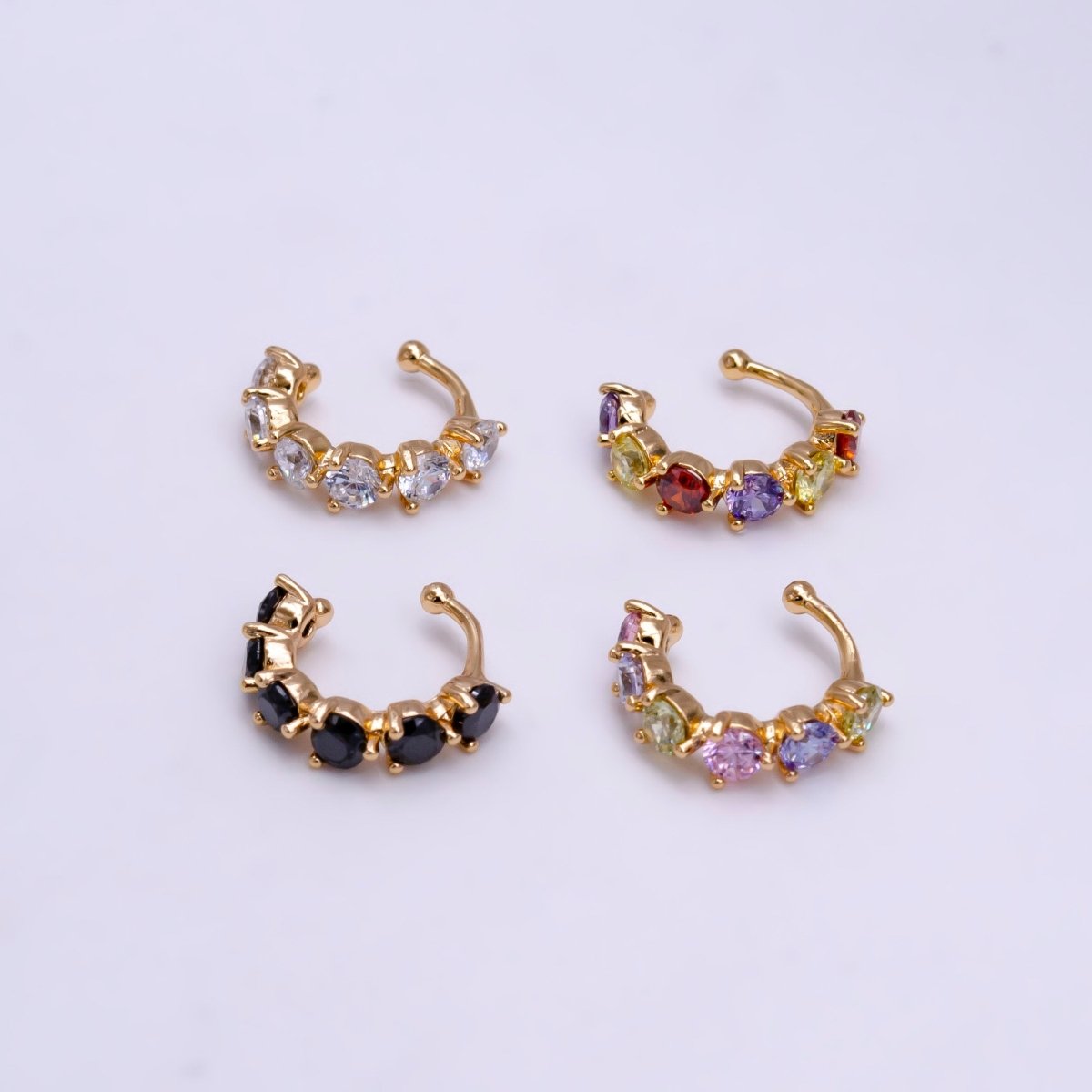 18K Gold Filled Black, Clear, Soft Multicolor, Dark Multicolor CZ Lined Ear Cuff Earrings | AI064 - AI067 - DLUXCA