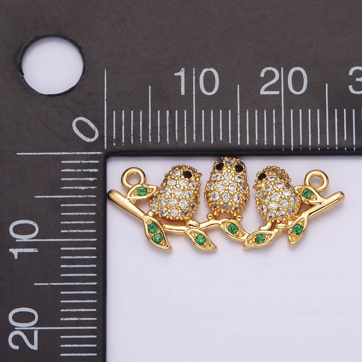 18K Gold Filled Black-Eyed Three Baby Birds Micro Paved CZ Green Leaf Connector | G-030 - DLUXCA