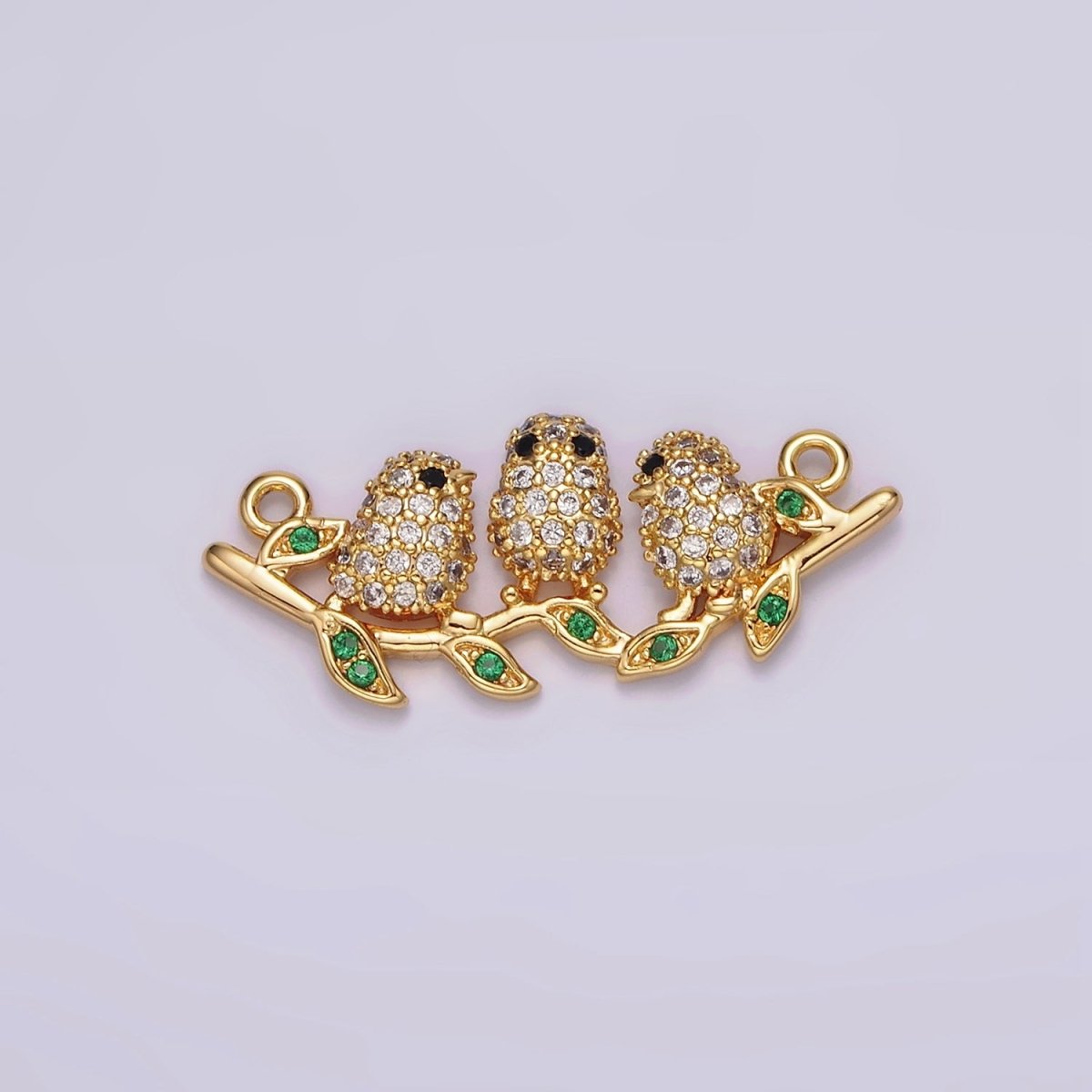 18K Gold Filled Black-Eyed Three Baby Birds Micro Paved CZ Green Leaf Connector | G-030 - DLUXCA