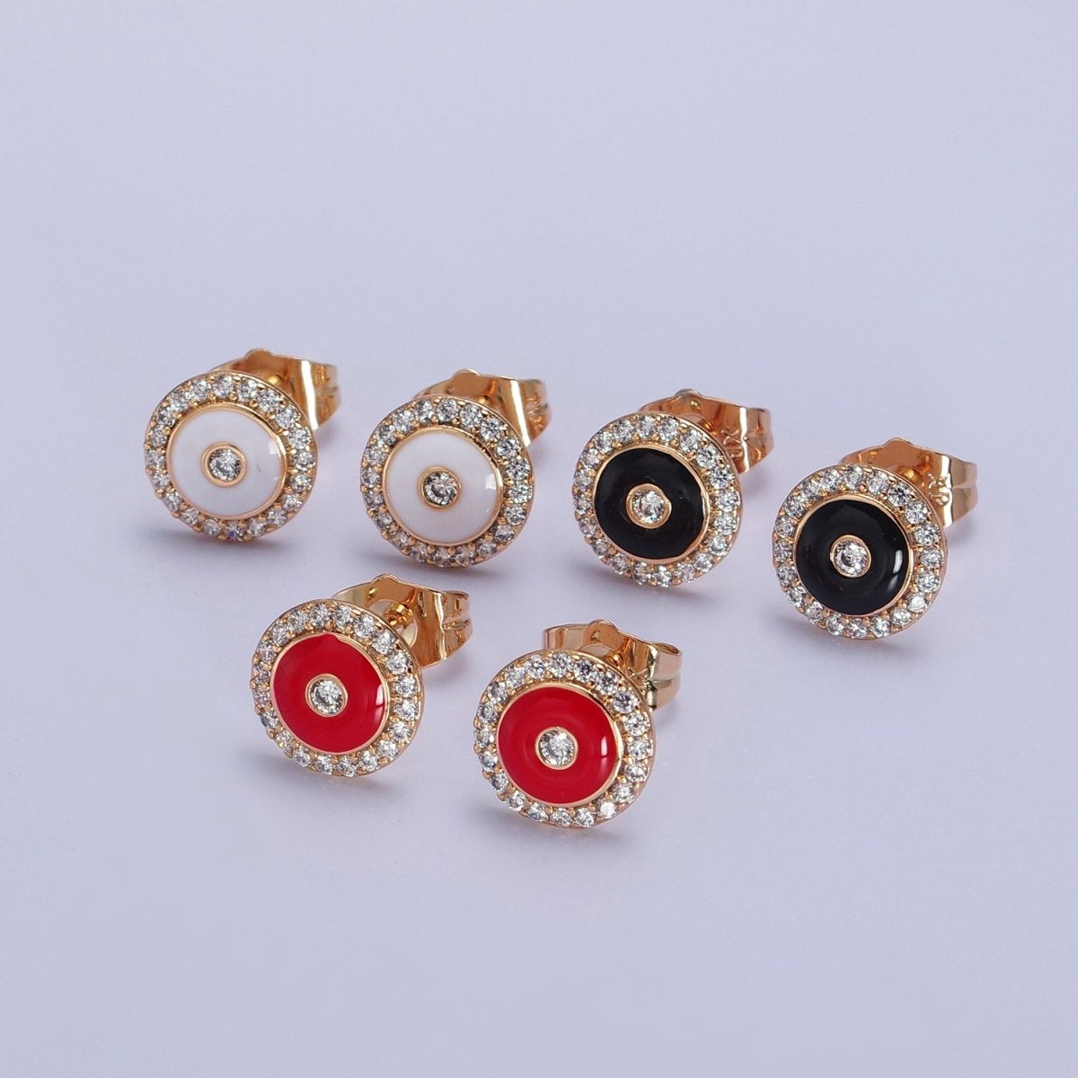 18K Gold Filled Black, Red, White Enamel Micro Paved CZ 10mm Round Stud Earrings | AB290 - AB292 - DLUXCA