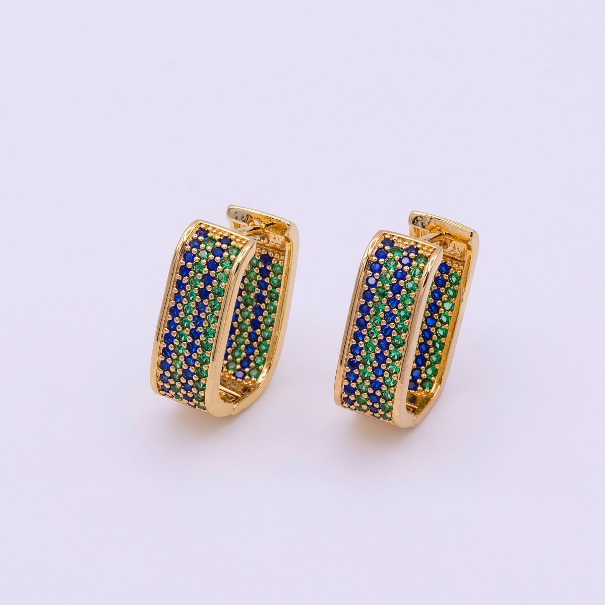 18K Gold Filled Blue & Green Ocean Micro Paved Front-Facing Oblong Hoop Earrings in Gold & Silver | AD851 AD852 - DLUXCA
