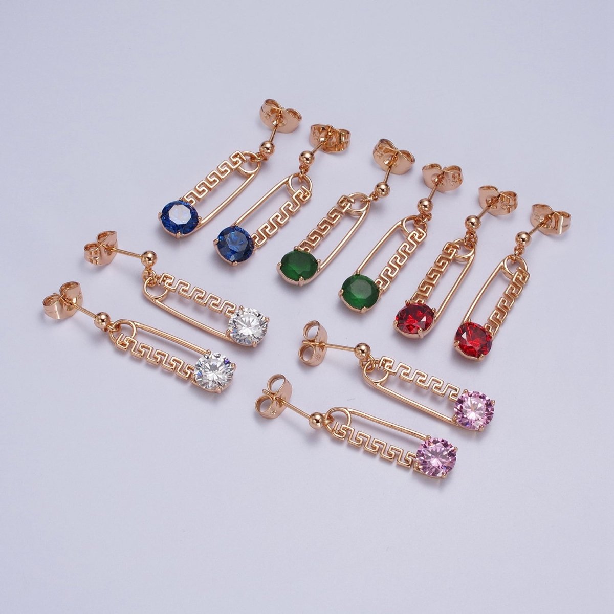 18K Gold Filled Blue, Red, Pink, Green, Clear Round CZ Safety Pin Drop Stud Earrings | AB1059 - AB1063 - DLUXCA