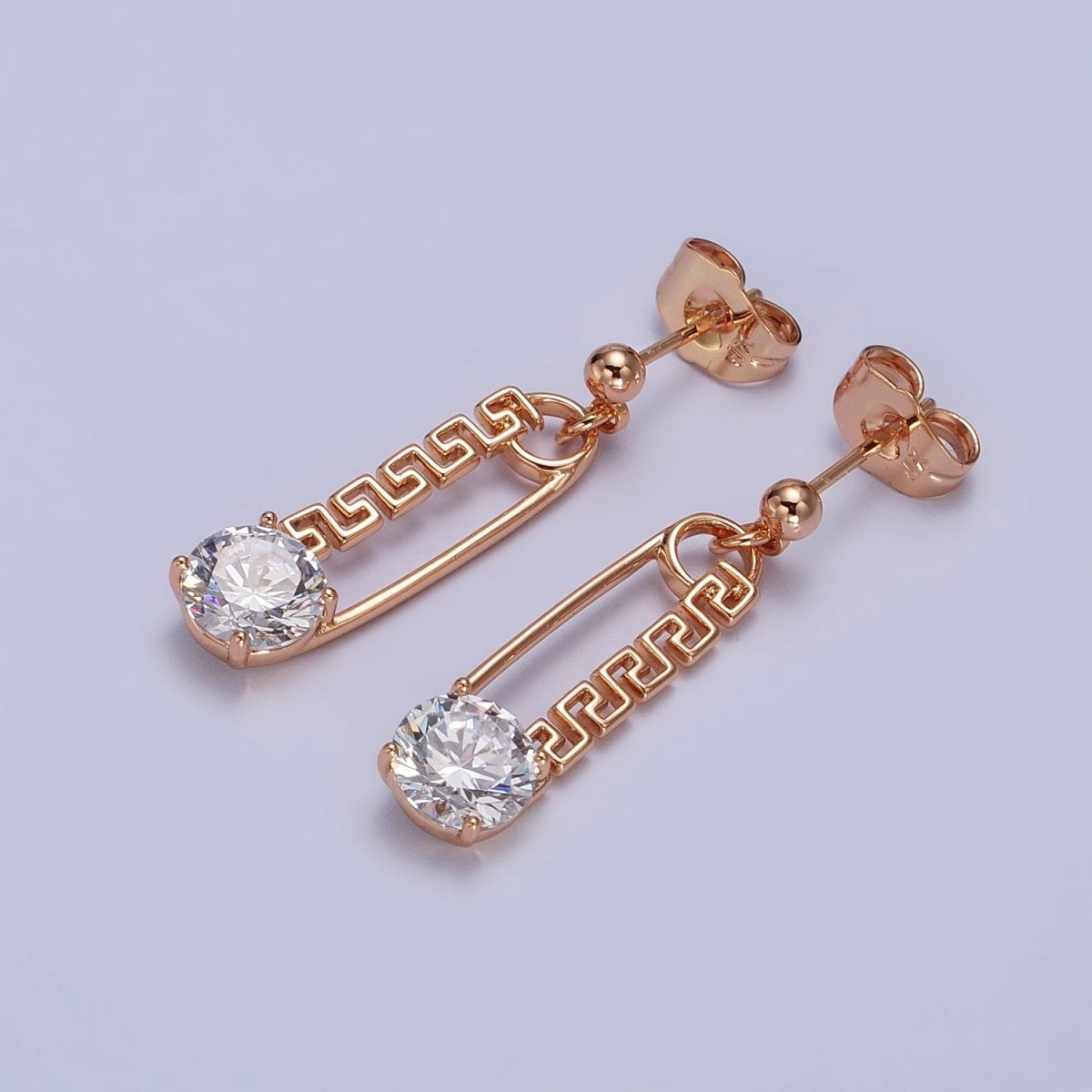 18K Gold Filled Blue, Red, Pink, Green, Clear Round CZ Safety Pin Drop Stud Earrings | AB1059 - AB1063 - DLUXCA