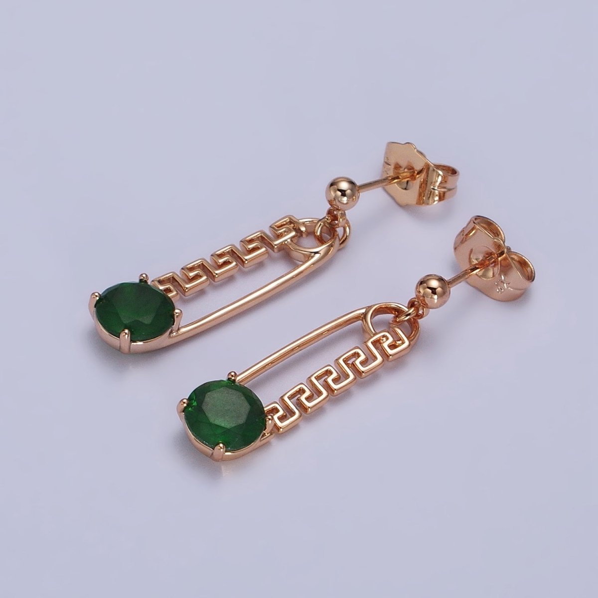 18K Gold Filled Blue, Red, Pink, Green, Clear Round CZ Safety Pin Drop Stud Earrings | AB1059 - AB1063 - DLUXCA