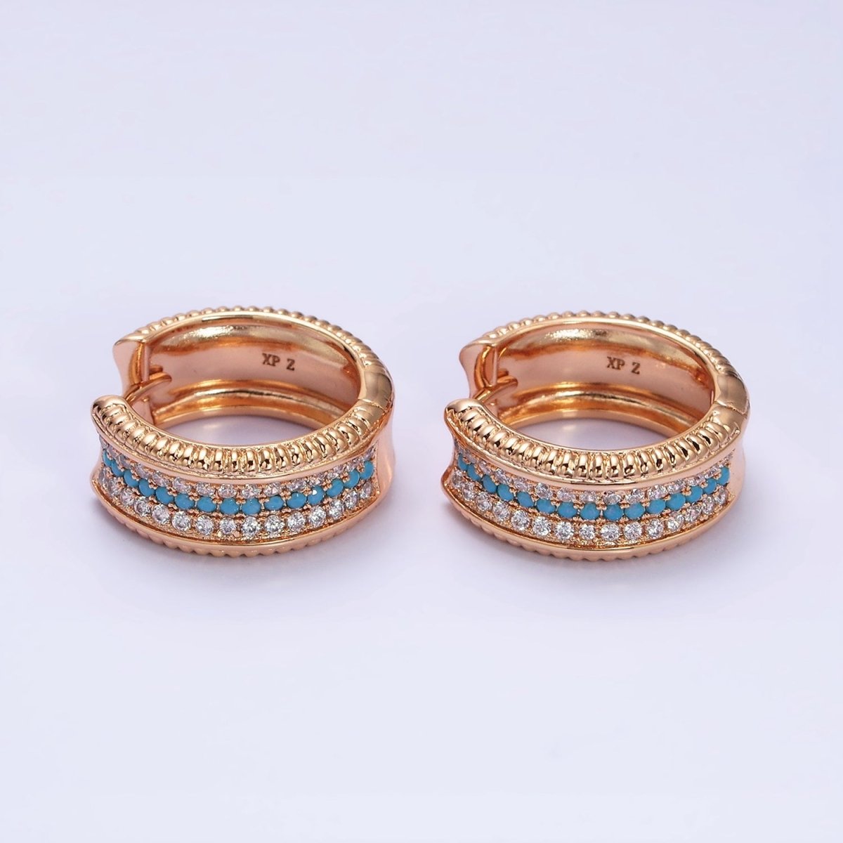 18K Gold Filled Blue, Turquoise Micro Paved CZ 20mm Wide Hoop Earrings | AD1367 - DLUXCA