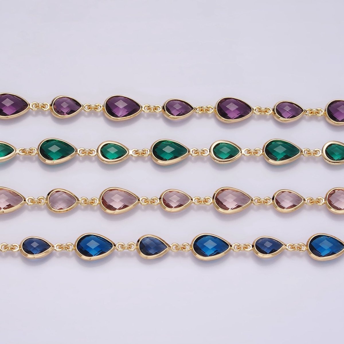 18K Gold Filled Brown, Purple, Blue, Green CZ Multifaceted Teardrop Designed Unfinished Chain | ROLL-1430 ~ ROLL-1433 Clearance Pricing - DLUXCA