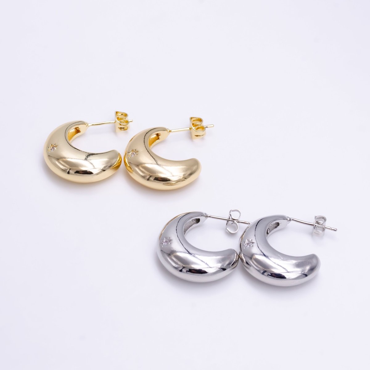 18K Gold Filled C Shape Hoop Earrings | Star Celestial Stud Earrings For women | Lightweight Hoop Earrings | Dainty Gold Hoops | Minimalist Earrings V-074 V-075 - DLUXCA