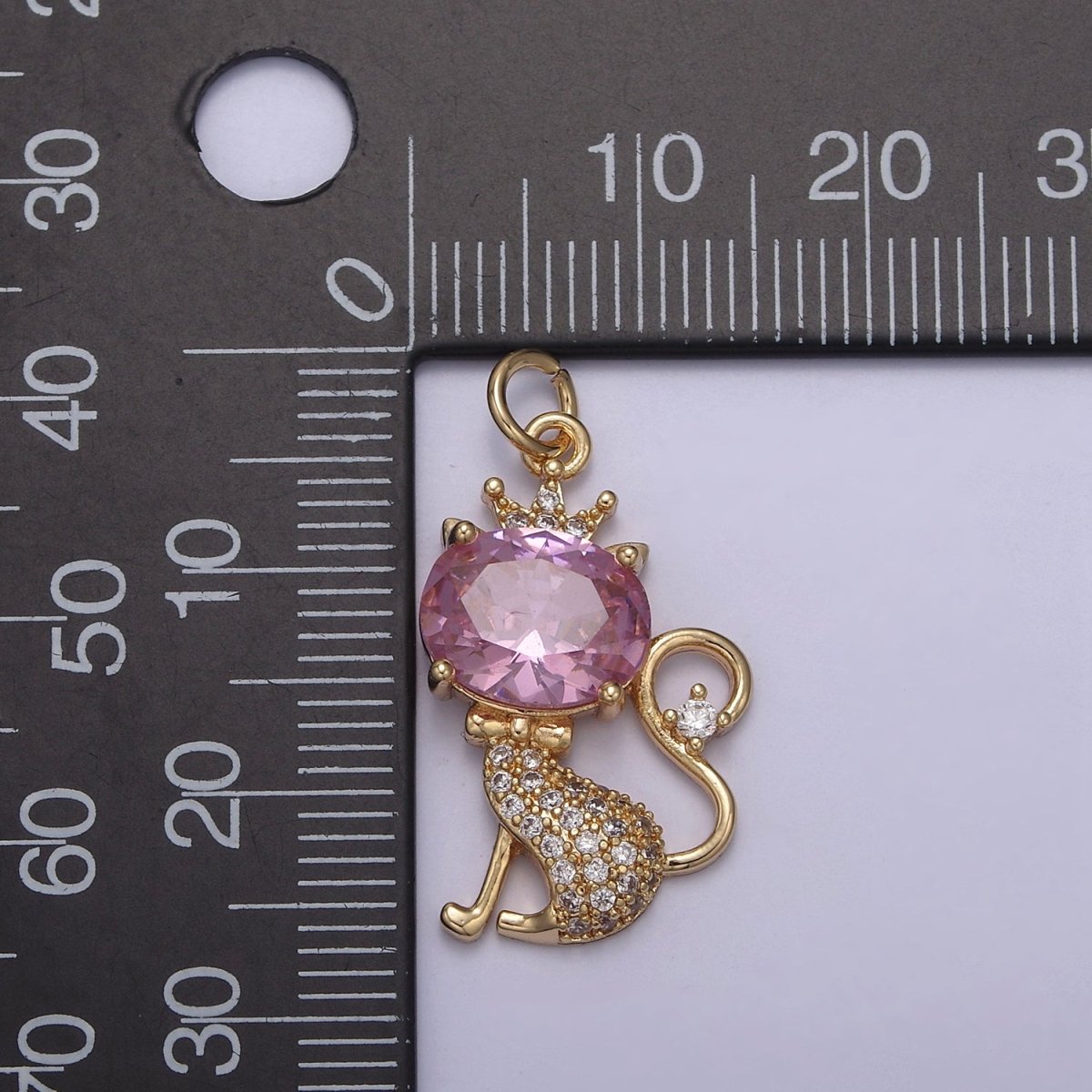 18K Gold Filled Cat Charm, Kitten Charm, Pink CZ Micro Pave Crystal Charm, Gold Cat Charm, Simple Cat Charm N-835 - DLUXCA