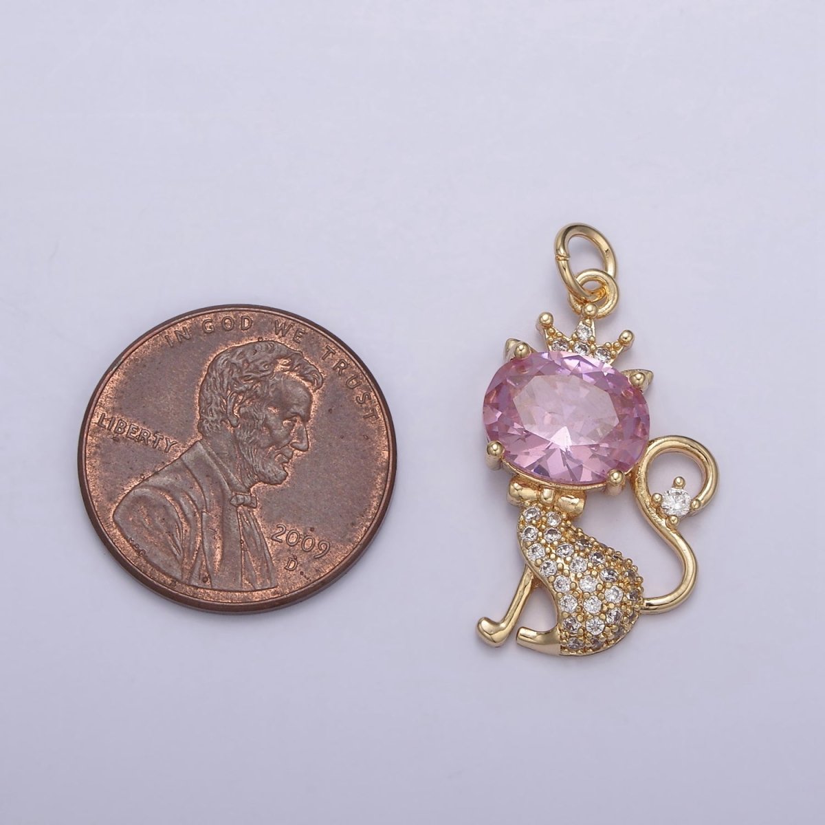 18K Gold Filled Cat Charm, Kitten Charm, Pink CZ Micro Pave Crystal Charm, Gold Cat Charm, Simple Cat Charm N-835 - DLUXCA