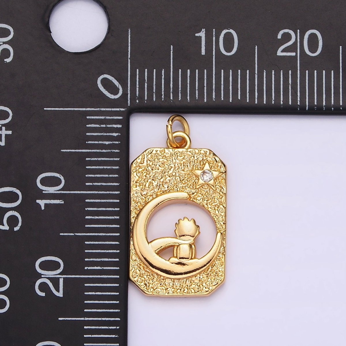18K Gold Filled Celestial Crescent Star Moon Little Boy Prince Open Hammered Tag Charm | N-1755 - DLUXCA